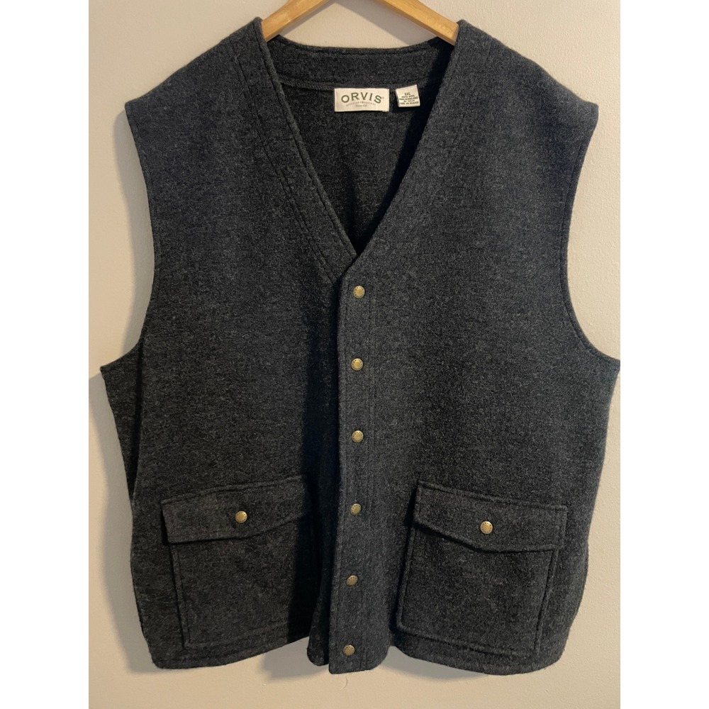 Orvis Mens XXL Charcoal Gray 100% Wool Snap Front Field Vest Cargo Pockets